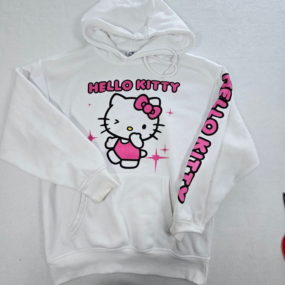 Hello Kitty Sanrio White Pullover Hoodie Pink Graphic Sleeve Print Womens Large